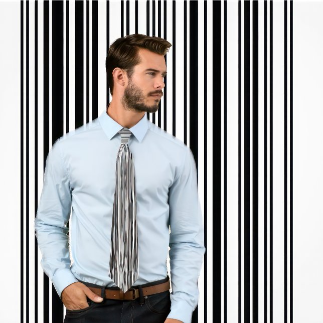 Streckkod Lodrät med randig yta (svartvitt) Slips (Man wears a tie with a barcode stripes pattern (black and white vertical stripes.))