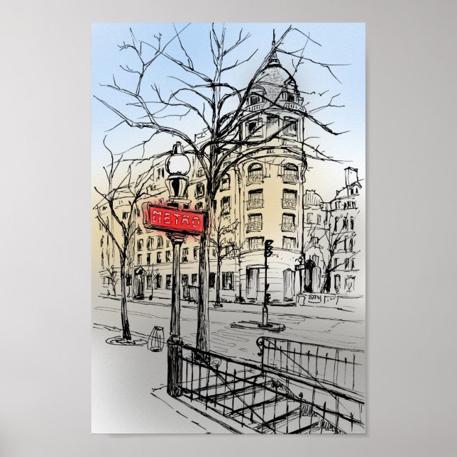 Street of Paris hand drawn colored ink sketch Poster (Framsidan)
