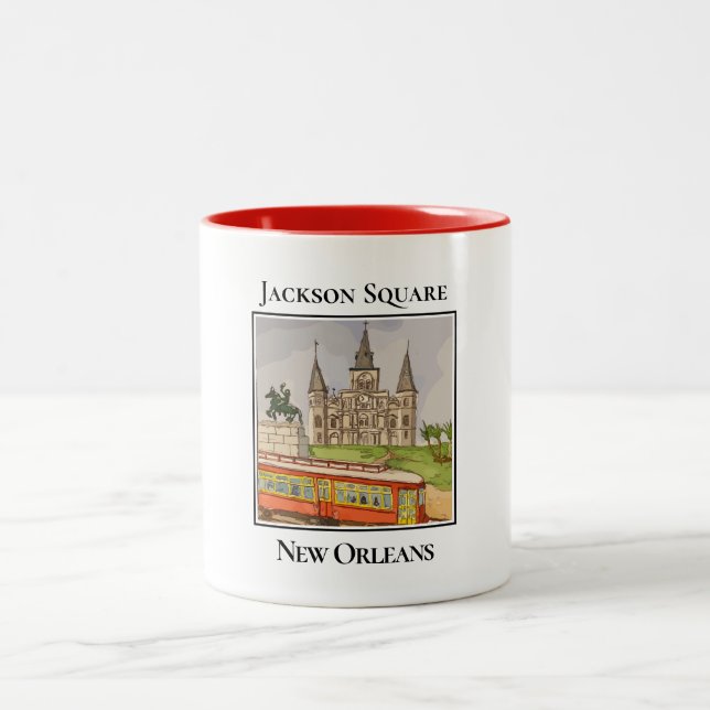 Streetcar och Jackson Square, New Orleans Två-Tonad Mugg (Center)