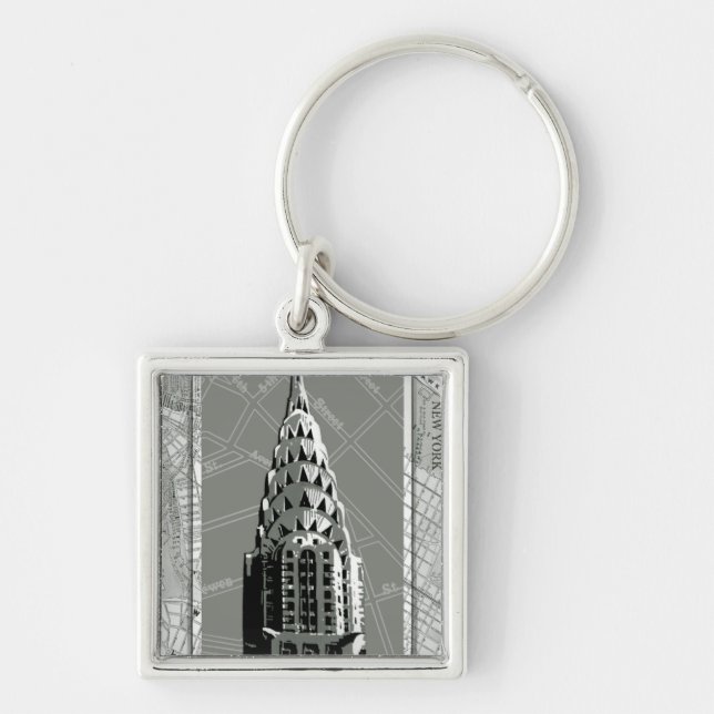 Streets i New York med Byggnad i Empire state Fyrkantig Silverfärgad Nyckelring (Framsidan)