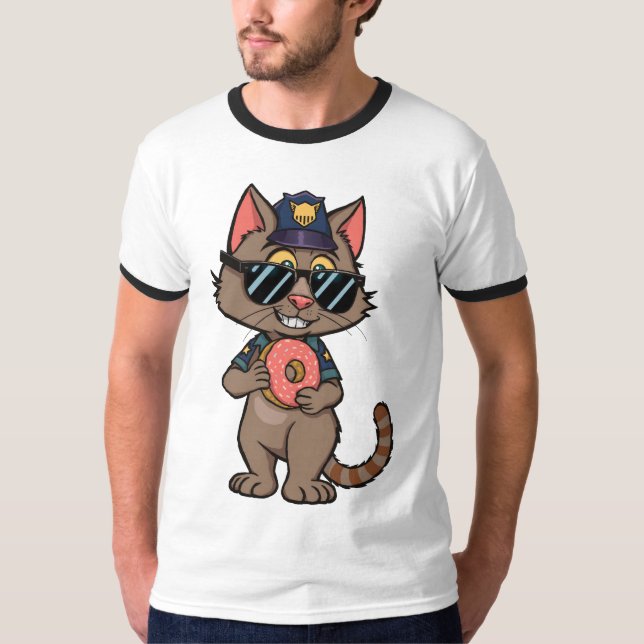 Streetwisser Police Cat - 90:s Tecknad Donut Cop T Shirt (Framsida)