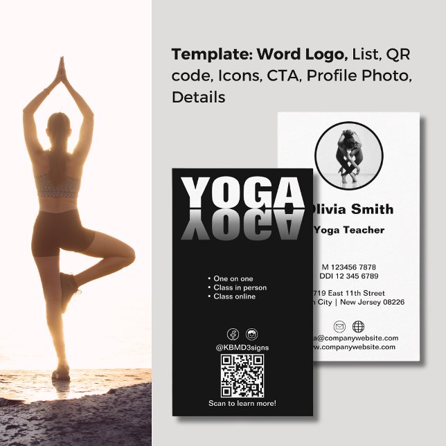 Strejka a Pose Trendig Yoga Teacher Affärskort Lojalitetskort (Strike a Pose Trendy Yoga Teacher Business Card, Word Logo, Service List, QR code, Photo)