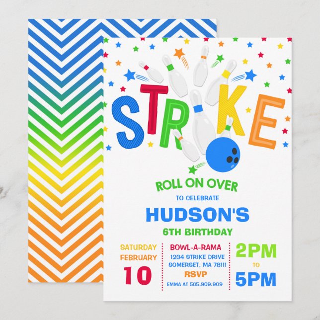 Strejka för Bowling-inbjudan Födelsedagsfest Inbjudningar (Fram/baksida)