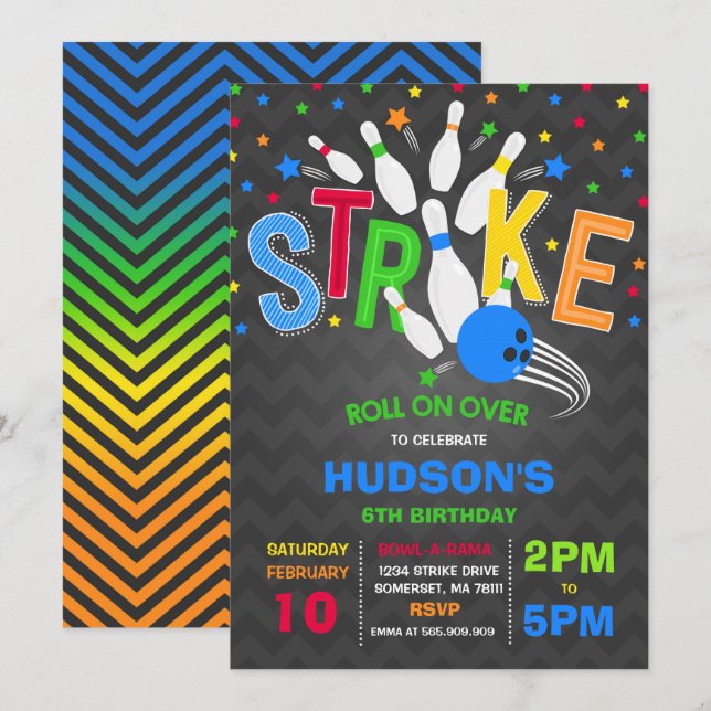 Strejka för Bowling-inbjudan Födelsedagsfest Inbjudningar (Fram/baksida)