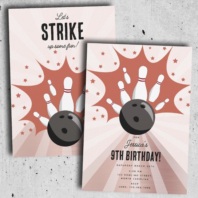 Strejka på födelsedagen Ro Guld Girl någon Roligt Inbjudningar (Bowling Strike Up Some Fun Birthday Rose Gold Girl Invitation)