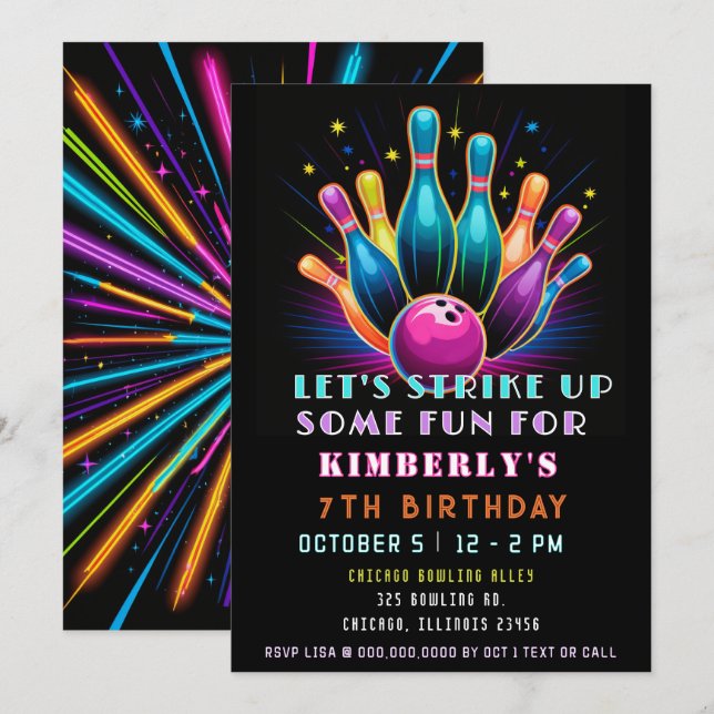 Strejka Uppåt lite Roligt Neon Glow Bowling Birthd Inbjudningar (Fram/baksida)