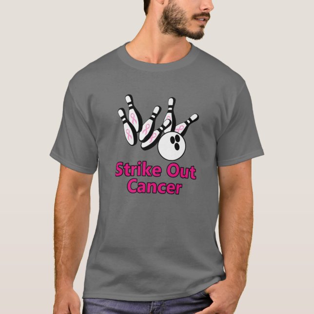 Strejka ut Breast Cancer Bowling Stift Rosa Ribbon T Shirt (Framsida)