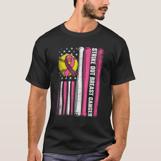 Strejka ut Breast Cancer Softball American Flagga  T Shirt (Framsida)