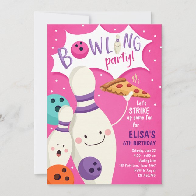 Strejkan Bowling Birthday Call Girl Rosa Pizza  Inbjudningar (Framsida)