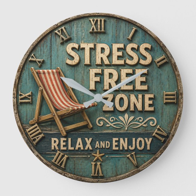 Stress Free Zone Rustic Coastal Beach House Decor Stor Klocka (Framsida)