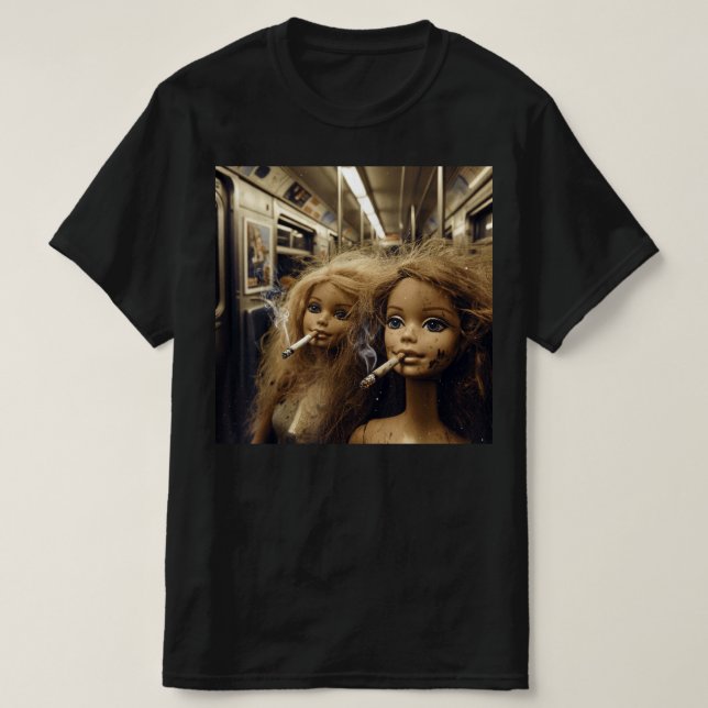 Stressad docka som röker rolig docka ansikte meme  t shirt (Design framsida)
