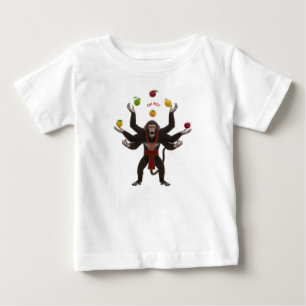 Stressad flerarmad apa jonglerar frukt i klass t shirt