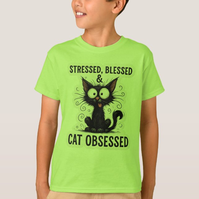 Stressed Blessed & Cat Obsessed Funny Black Cat De T Shirt (Framsida)