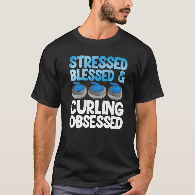 Stressed Blessed & Curling Män Världens Bästa Cu T Shirt (Framsida)