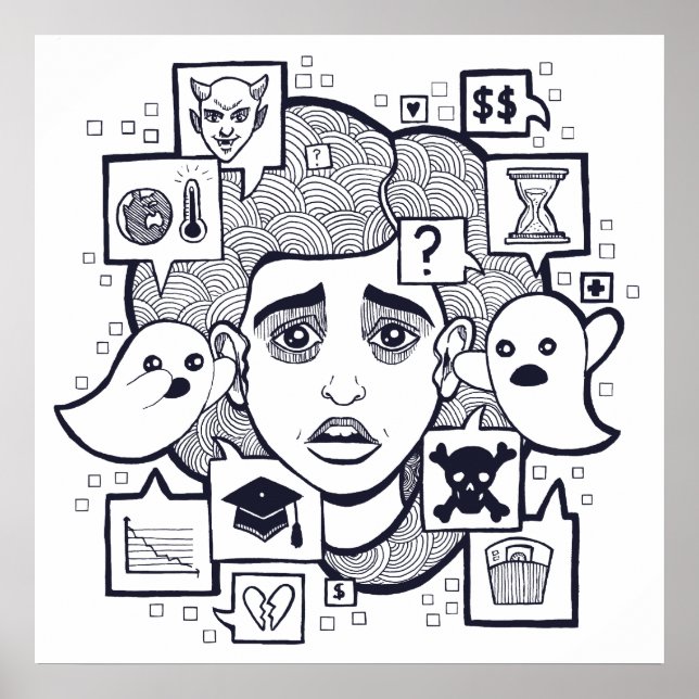 "Stresshead" Anxious Stressat Woman Teckning Poste Poster (Framsidan)