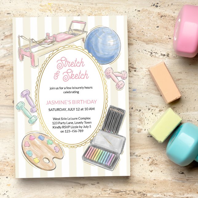Stretch och Sketch Pilates Konst Födelsedagsfest Inbjudningar (Stretch and Sketch invitation - activity based celebration, fitness / craft workshop event etc)