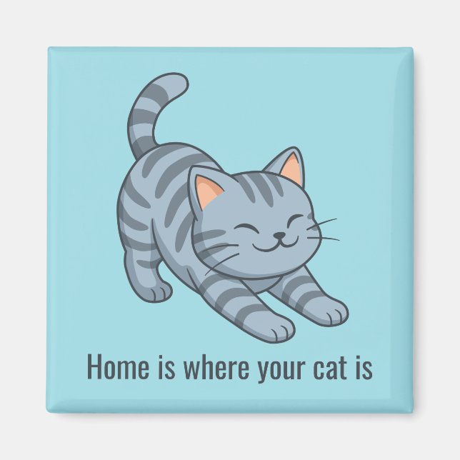 Stretching Grey Tabby Blue Cat Custom Text Magnet (Framsidan)