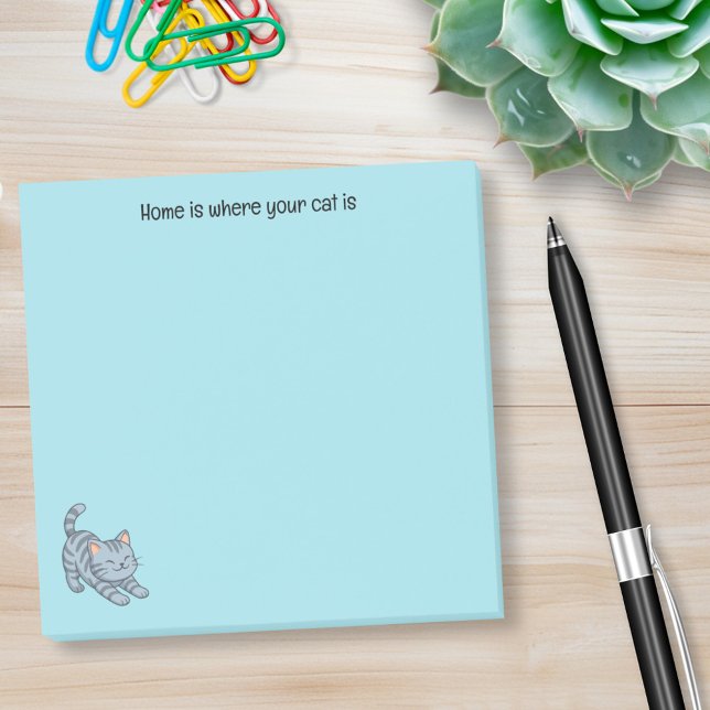 Stretching Grey Tabby Cat Blue Custom Text Post-it Block (Skapare uppladdad)