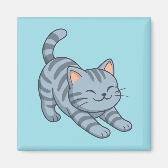 Stretching Grey Tabby Cat Blue Magnet (Framsidan)