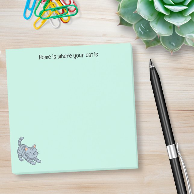 Stretching Grey Tabby Cat Green Custom Text Post-it Block (Skapare uppladdad)