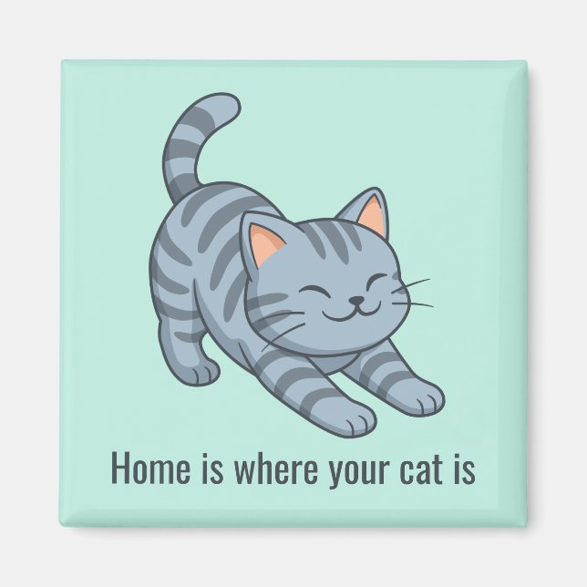 Stretching Grey Tabby Green Cat Custom Text Magnet (Framsidan)