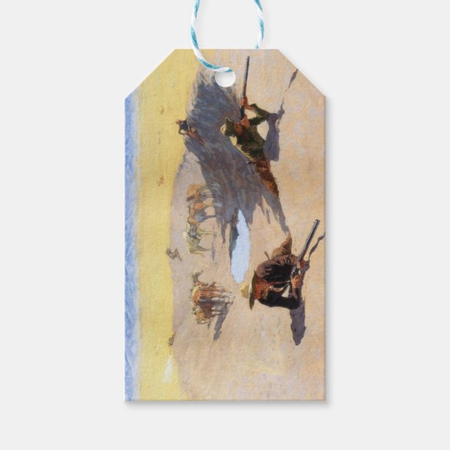 Strid om vattenhålet (av Frederic Remington) Presentetikett (Framsidan)