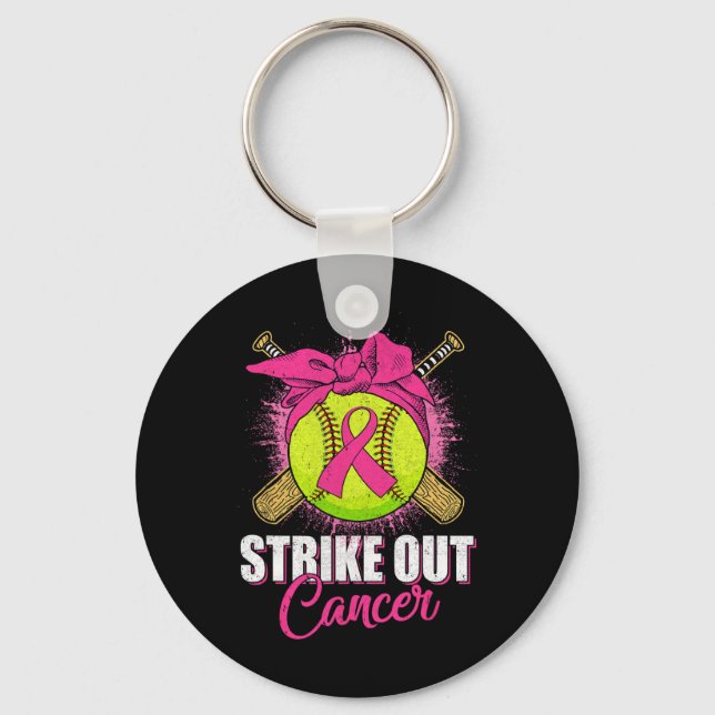 Strike Out Breast Cancer Awareness Softll Pink Rib Nyckelring (Framsida)