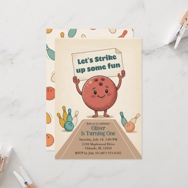 Strike Up Some Fun Bowling Party Boy 1st Birthday Inbjudningar (Fram/Back In Situ)