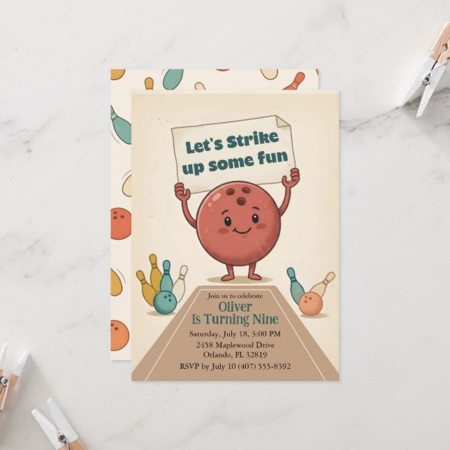 Strike Up Some Fun Bowling Party Boy 9th Birthday Inbjudningar (Fram/Back In Situ)