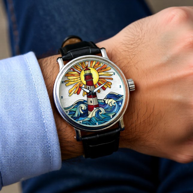Striking Lighthouse Sun Ocean Waves Armbandsur (Skapare uppladdad)