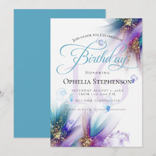 Striking Teal Amethyst Abstrakt Blommigt Birthday Inbjudningar
