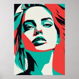 Striking Teal & Red Woman Porträtt - Modern Graphi Poster