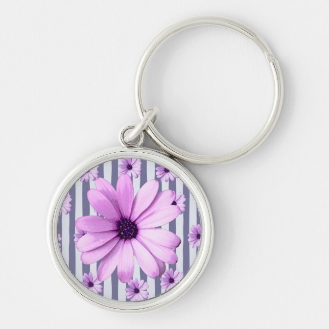 strimlad mönster med lila daisy rund silverfärgad nyckelring (Framsidan)