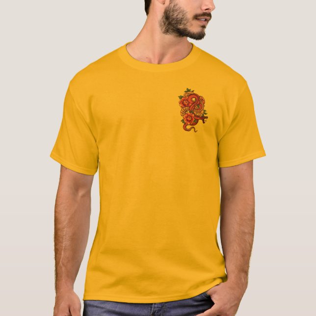 Strinddon Rosa och svart Blommigt Dragon på T Shirt (Framsida)