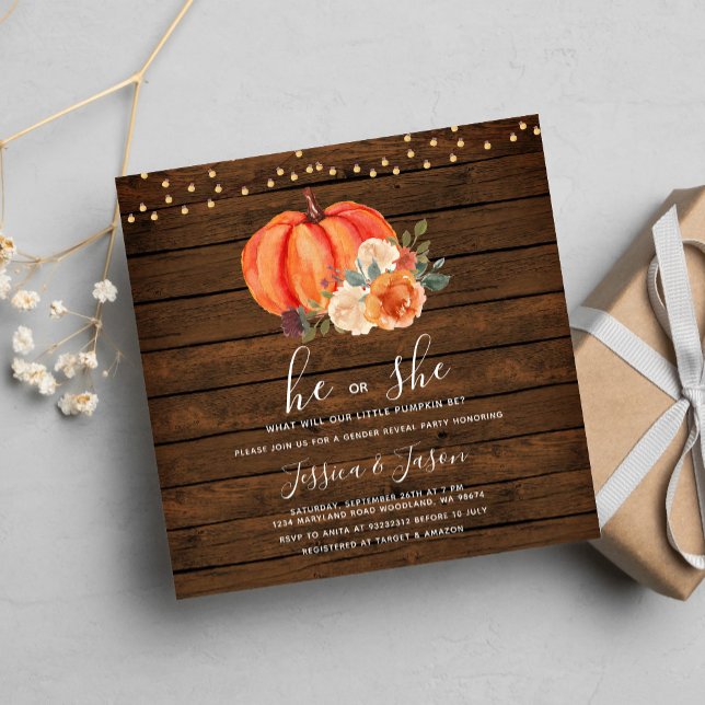 String Light Wood Pumpkin Gender Reveal Party Inbjudningar (Skapare uppladdad)