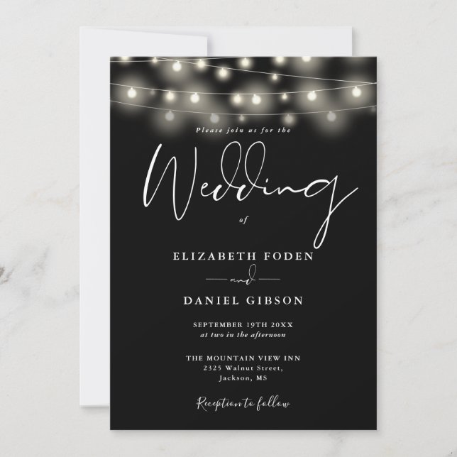 String Lights Black And White QR Code Wedding Inbjudningar (Framsida)