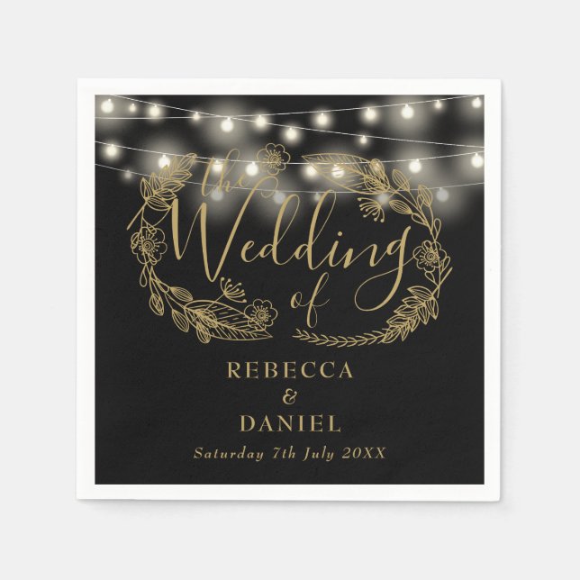 String Lights Blommig Svart Och Guld Bröllop Pappersservett (Framsidan)