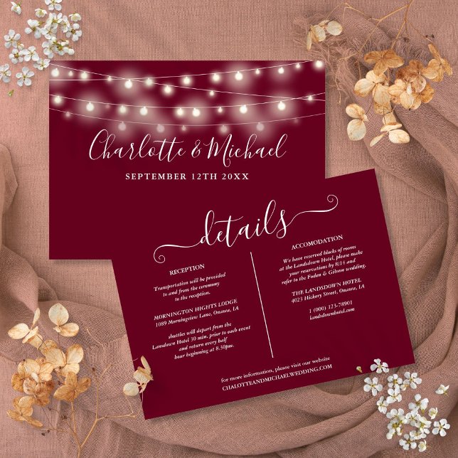 String Lights Burgundy Bröllopsdetaljer Informatio Inbjudningar (String Lights Burgundy Wedding Details Info Card)