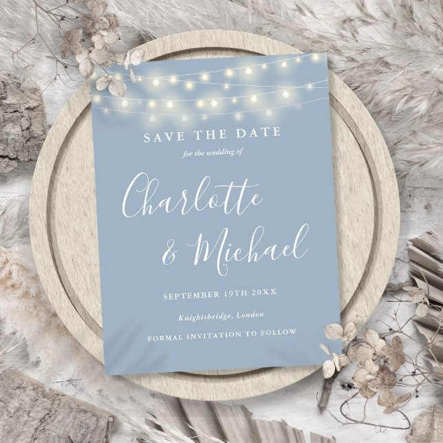 String Lights Dusty Blue Bröllop Spara Datum Vykort (String Lights Dusty Blue Wedding Save the Date Postcard)