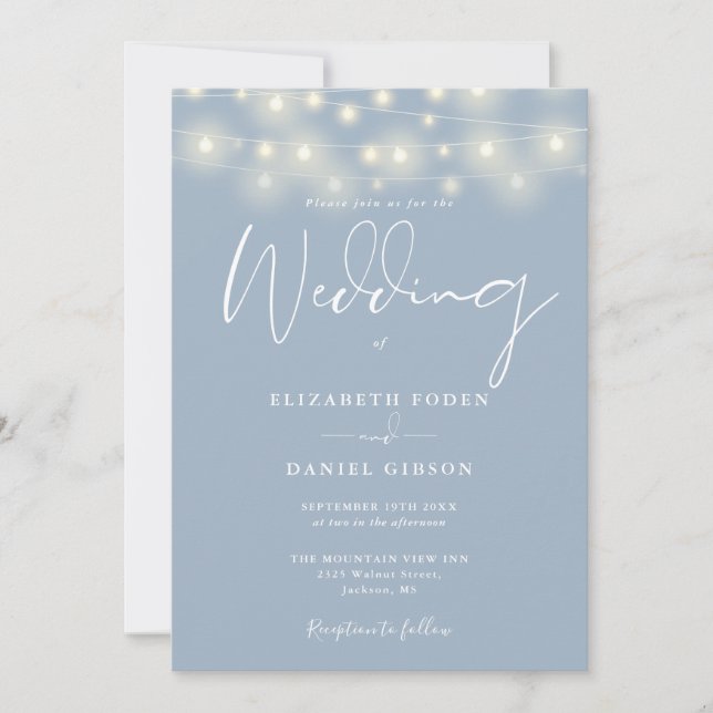String Lights Dusty Blue QR Code Wedding Inbjudningar (Framsida)