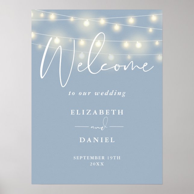 String Lights Dusty Blue Wedding Welcome Sign Poster (Framsidan)