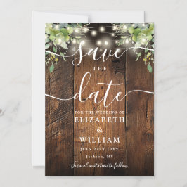 String Lights Greenery Wood Wedding Save The Date Magnetisk Inbjudningskort
