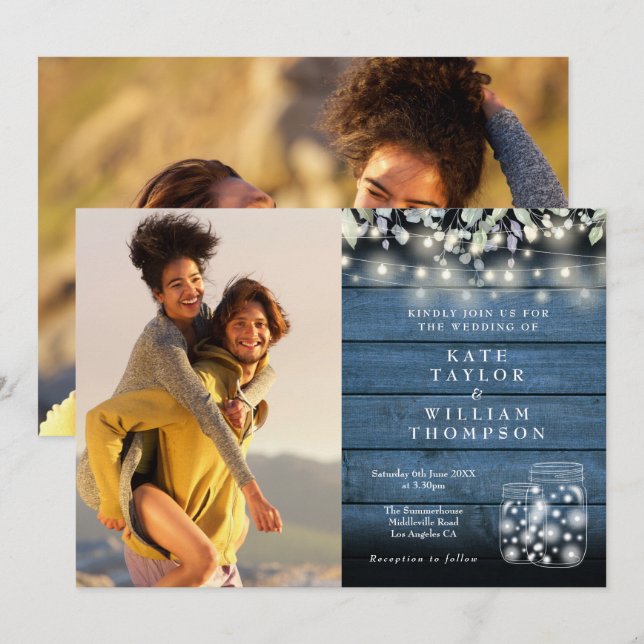 String Lights Rustika Glas Greenery 2 Foto Bröllop Inbjudningar (Fram/baksida)