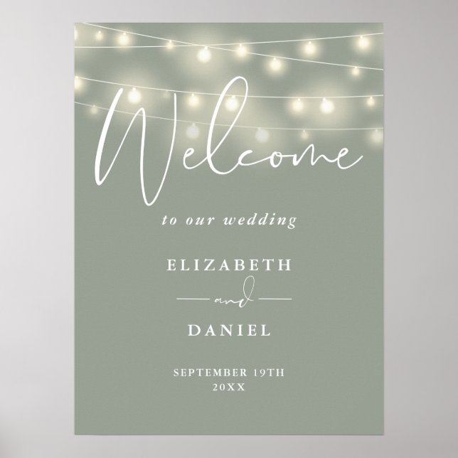 String Lights Sage Green Wedding Welcome Sign Poster (Framsidan)