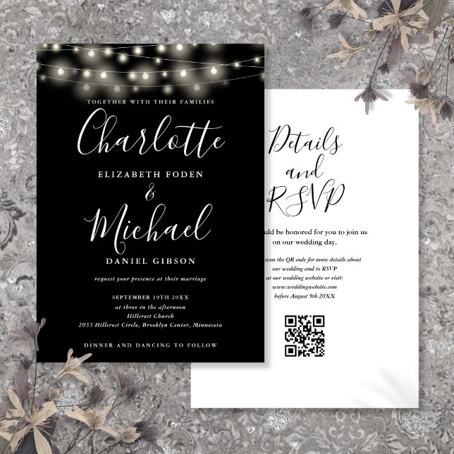String Lights Script Svart Vitt QR-kod Bröllop Inbjudningar (String Lights Script Black White QR Code Wedding Invitation)
