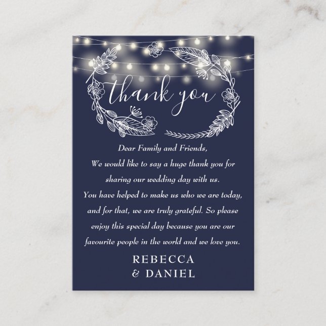 String Lights Tack Välkommen Navy Blue Bröllop Placeringskort (Framsida)