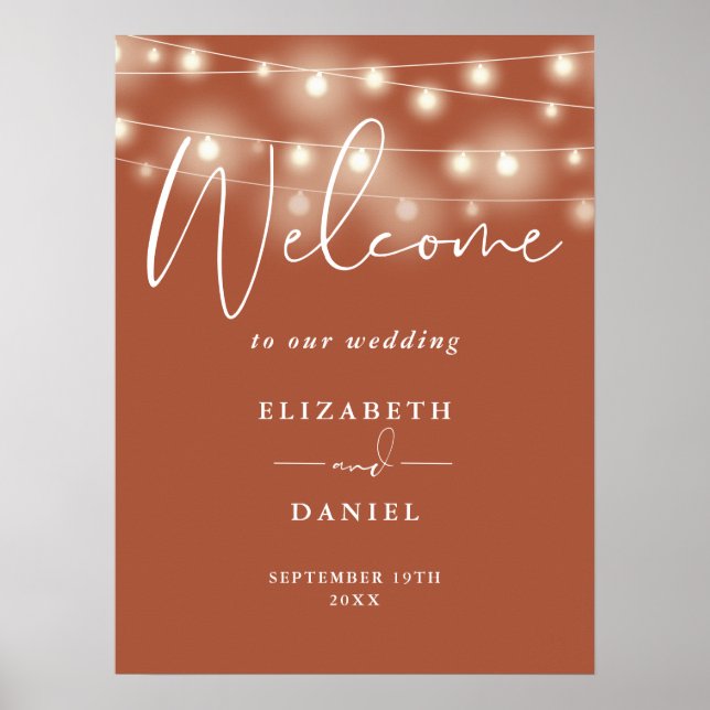 String Lights Terracotta Wedding Welcome Sign Poster (Framsidan)