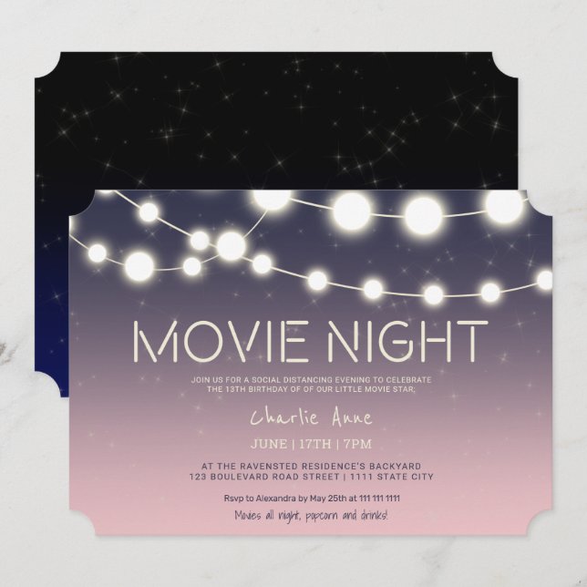 String ljus backyard-filmnatten 13-årsdagen inbjudningar (Fram/baksida)