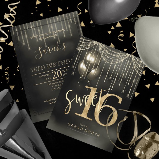 String Ljus & ballonger Sweet 16 Black/Guld ID473 Inbjudningar (Front/Back In Situ)
