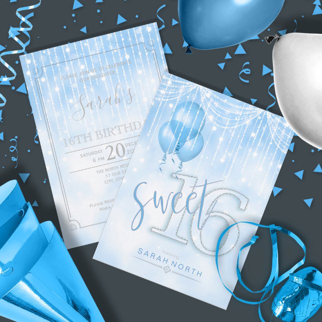 String Ljus & ballonger Sweet 16 Lt. Blue ID473 Inbjudningar (Front/Back In Situ)